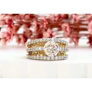 CZ Gemstones Vintage Sterling Silver Vermeil Gold T Gemstone Ring - sz 7.75